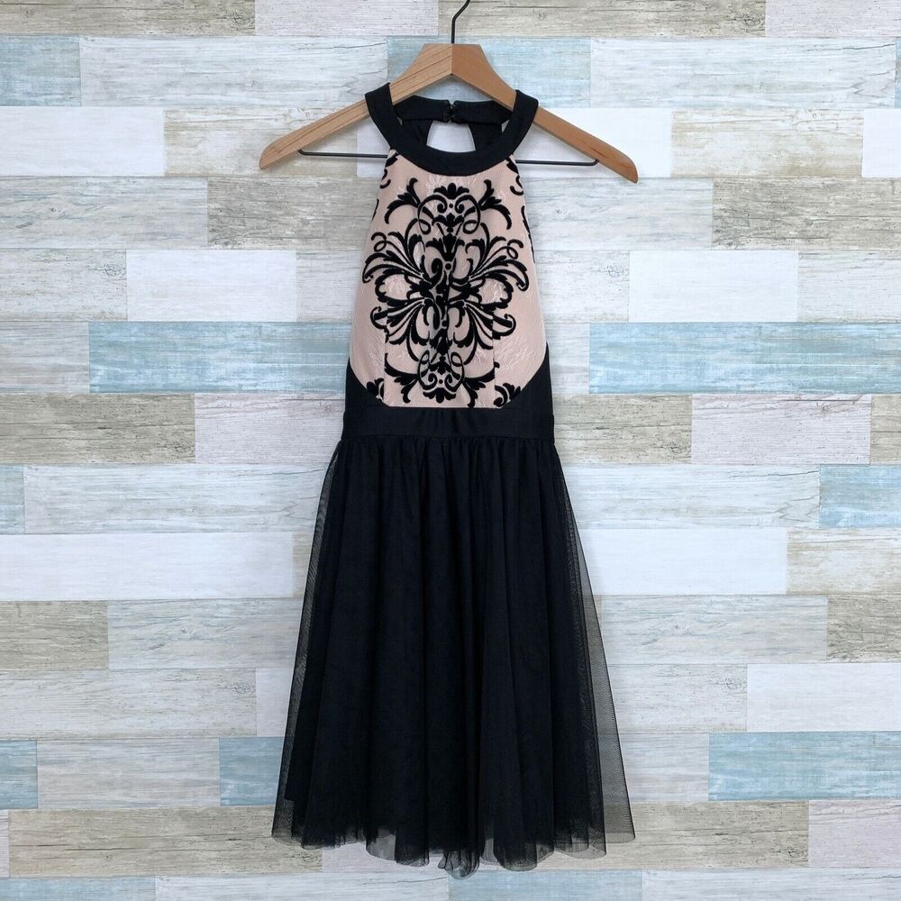 Blondie Nites Lace Tulle Halter Fit & Flare Dress Black Nude Prom Event Womens 3